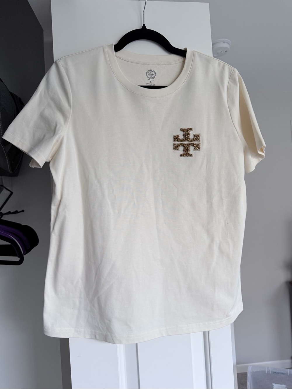 Tory Burch Cream Short-Sleeve Logo Tee with Embellished Emblem